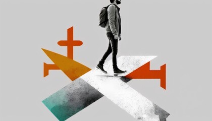 Person standing at crossroads in a stylized, collage style illustration, facing the challenge of making a decision about life, career, and future direction. Choices in personal growth. Generative AI
