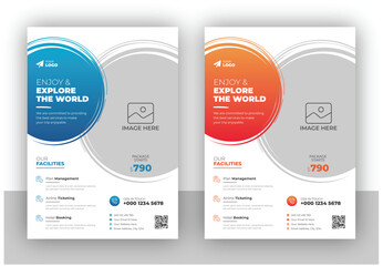 Flyer design and brochure cover page template for travel agency vacation offer discount trip in a4 size vector format