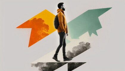 Person standing at crossroads in a stylized, collage style illustration, facing the challenge of making a decision about life, career, and future direction. Choices in personal growth. Generative AI