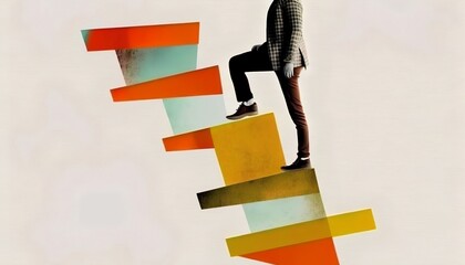 Stylized collage concept of a person feet stepping upward on a ladder, representing growth, career development, and personal achievements through determination and hard work. Generative AI