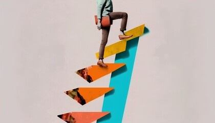 Stylized collage concept of a person feet stepping upward on a ladder, representing growth, career development, and personal achievements through determination and hard work. Generative AI
