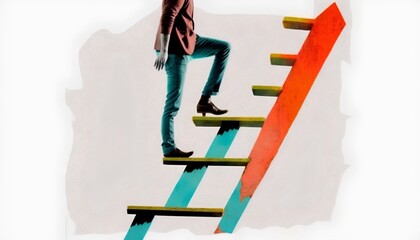 Stylized collage concept of a person feet stepping upward on a ladder, representing growth, career development, and personal achievements through determination and hard work. Generative AI