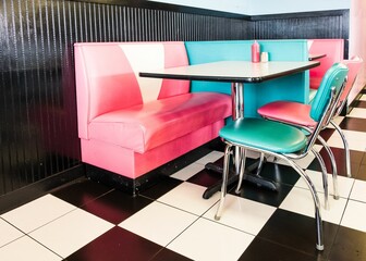 Colored seats at a classic American 1950s style diner in Tennessee