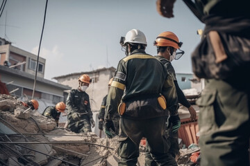 Fototapeta premium Rescue mission after the earthquake, men in protective uniform and helmets. Generative AI