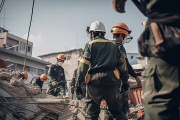 Rescue mission after the earthquake, men in protective uniform and helmets. Generative AI
