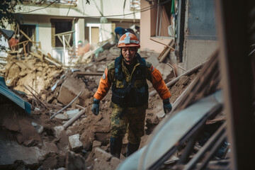 Rescue mission after the earthquake, man in protective uniform and helmet. Generative AI