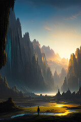 Breathtaking Beautiful Alien Fantasy Landscape Of An Unknown Planet At Night, created with generative ai technology