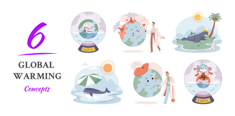 Fototapeta premium Global warming. High temperature hot weather Earth. Climate change Hot melt planet earth. Global warming heating impact. Tiny people. Raising global temperature. People energy use planet. Earth day