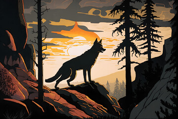 Beautiful Wolf on the mountains, in the sun. Generative AI