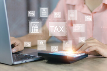 e-tax Invoice conceptman's hand is building a including debit note, credit note and receipt to be in electronic form with digital signature or time stamp