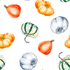 Pumpkins. Watercolor pattern of bright pumpkins. Illustration with vegetables.