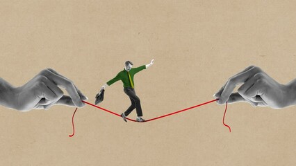 Keeping working balance, taking professional risks. Man, employee walking on string. Path to success. Stop motion, animation. Conceptual design. Concept of business, challenges, professional growth