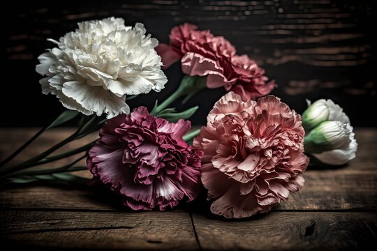 set of flowers on a wooden plank in rustic studio photo style