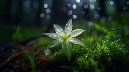 One single Forest star flower twinkle like a tiny celestial body amidst the lush green canopy of the forest, Dew drops and moist moss