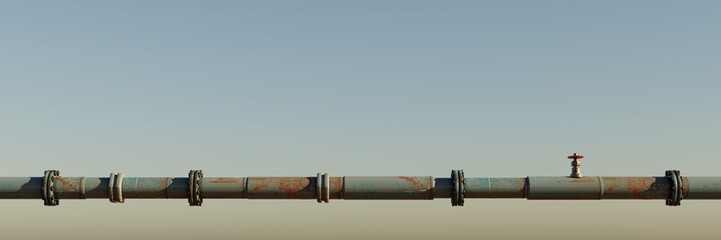Obraz premium rusty pipe in front of a clear sky, horizontal pipe with valves, connectors and rivets with empty space, background banner