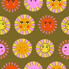 Smiling sun, abstract personage, mascot design, funny face, cute icon.