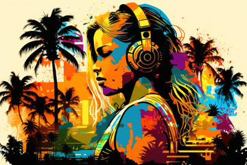 Female DJ illustration, creative colorful illustration of a female DJ with headphones. Generative AI