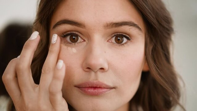 Focused lady blends liquid concealer under eyes with finger to cover dark circles. Young woman prepares facial skin for professional makeup closeup
