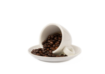 A cup of aromatic espresso coffee isolated on a white background. Coffee beans in a cup. Energy drink. A refreshing aromatic morning drink.