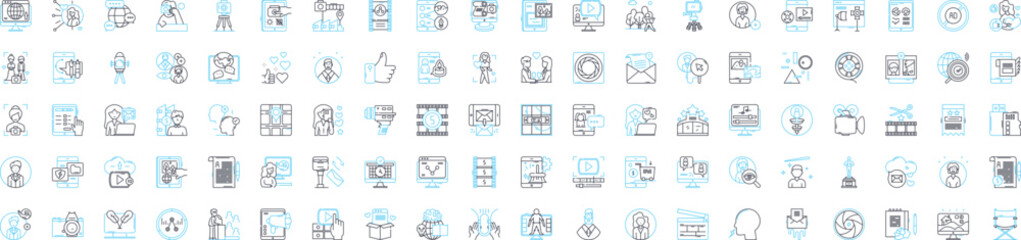 Mass media vector line icons set. Broadcasting, Newspapers, Magazine, Television, Film, Radio, Internet illustration outline concept symbols and signs