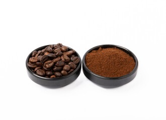 Bowl of ground coffee and beans isolated on a white background.