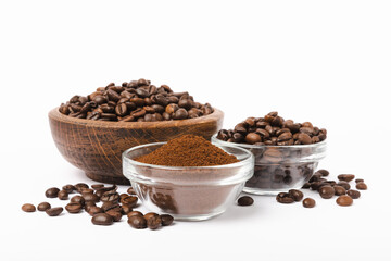 Bowl of ground coffee and beans isolated on a white background.