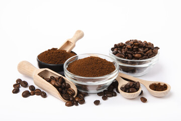 Bowl of ground coffee and beans isolated on a white background.