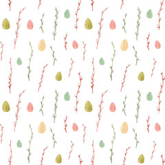 Watercolor seamless pattern of a willow branch and easter eggs on transparent background