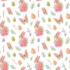 Watercolor seamless pattern with easter eggs, pink butterflies, willow branches, flowers and leaves on transparent background