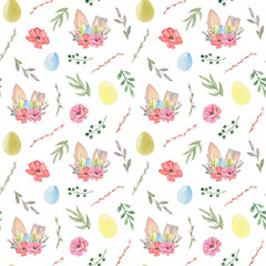 Watercolor seamless pattern with bunny ears, easter eggs, willow branches, flowers and leaves on transparent background
