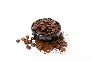 Bowl of ground coffee and beans isolated on a white background.