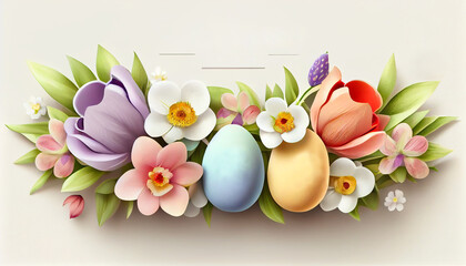 Happy Easter banner with Easter eggs and flowers in pastel colors on a white background, with copy space for your text, generative AI