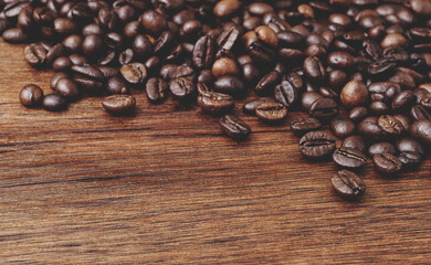 Coffee on grunge wooden background. coffee beans.