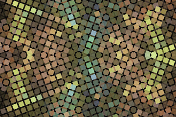 Orange multicolored mosaic pattern of small squares on a black background. Abstract fractal 3D rendering