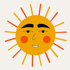 Smiling sun, abstract personage, mascot design, funny face, cute icon.