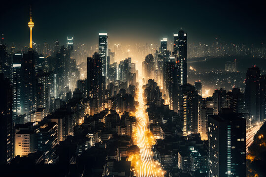 Bright metropolis night. Generative AI