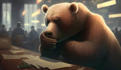 Bear market, a nervous bear in the stock market looking at trading charts, bear or bull market, crypto, NFT
