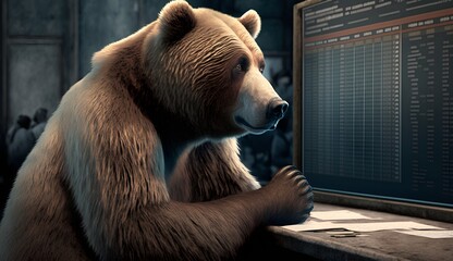 Bear market a hopeful bear in the stock market looking at trading computer screen, bear or bull market, crypto, NFT