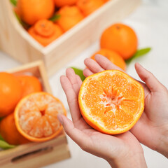 Cut part of orange fruit in human hands