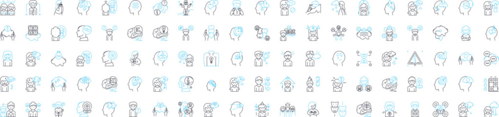 Human mentality vector line icons set. Mindset, Attitude, Perception, Cognition, Reasoning, Thought, Psychology illustration outline concept symbols and signs
