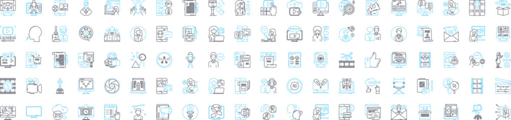 Video blogging vector line icons set. Vlogging, Videoblogging, Video-Blogging, Blogging, Videos, Stream, Youtubing illustration outline concept symbols and signs