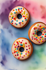 Fototapeta na wymiar Photorealistic Donuts From Top View Colorful Chocolate Toppings Sprinkled Across, created with generative ai technology