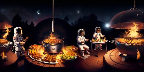 A group of astronaut sitting around a fire pit preparing bbq