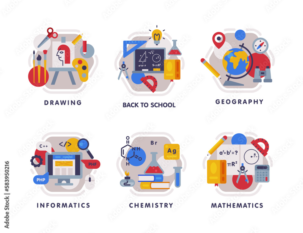 Poster school education composition with text caption and educational objects vector set