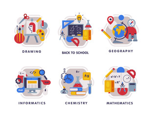 School Education Composition with Text Caption and Educational Objects Vector Set