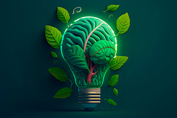 the concept of an idea in the form of a light bulb, a brain and leaves, an ecological idea born in the brain with care for the environment, a mixture of spheres and technologies, generative ai