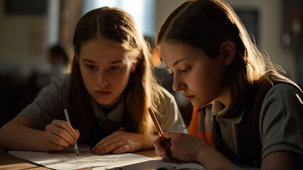 Two Adolescent Children Doing Homework