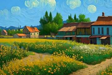 Colourful landscape painting with house and flowers. 