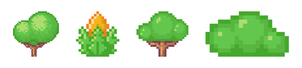 Green pixel trees in garden. City bushes and wood. Urban landscaping. Set of plants nature element. Grower retro 8bit graphics for pc games vector presentations. Forest flora species logo collection