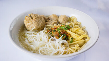 bakso super, meatball soup with noodles, indonesian cuisine